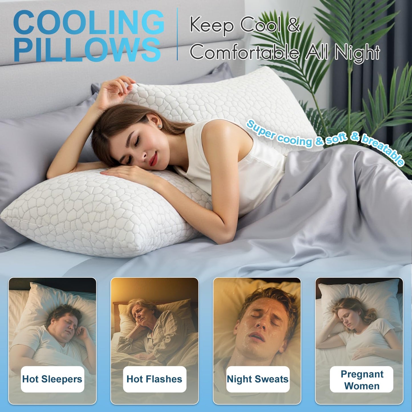 QUTOOL Cooling Pillows for Sleeping 2 Pack, Shredded Memory Foam Bed Pillows Queen Size Set of 2, Cool Pillow for Hot Sleepers Adjustable Firm Pillow for Side, Back and Stomach Sleepers Supportive