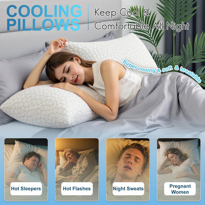 QUTOOL Cooling Pillows for Sleeping 2 Pack, Shredded Memory Foam Bed Pillows Queen Size Set of 2, Cool Pillow for Hot Sleepers Adjustable Firm Pillow for Side, Back and Stomach Sleepers Supportive