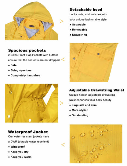 Bloggerlove Women's Rain Jacket Lightweight Raincoat Waterproof Hooded Active Outdoor Trench Coat Yellow M