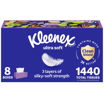 Kleenex Ultra Soft Facial Tissues, 8 Flat Boxes, 180 Tissues per Box, 3-Ply, Packaging May Vary