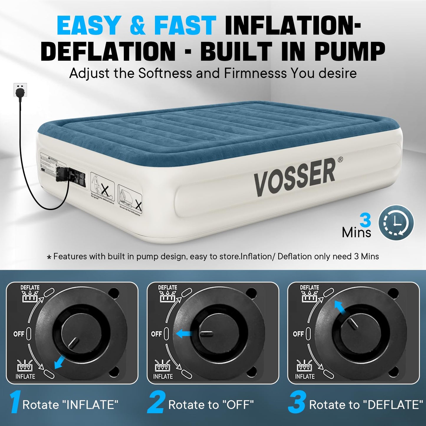 VOSSER Queen Air Mattress with Built-in Pump,Fast & Easy Inflation/Deflation Inflatable Mattress, Foldable Blow Up Mattress with Storage Bag, Inflatable Bed for Home, Camping & Guests