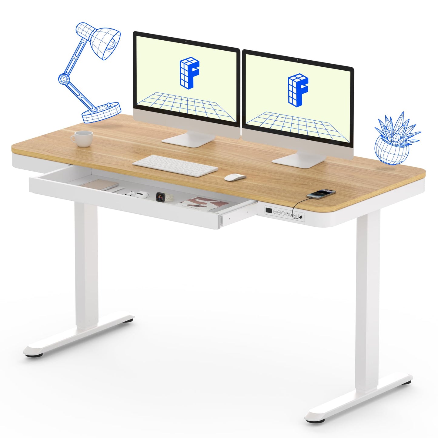 FLEXISPOT 55" Electric Standing Desk with Drawers, Quick Assembly Home Office Sit Stand Desk with Storage, USB Charging, Computer Desk for Home Office (Maple Top + White Adjustable Frame, Comhar)