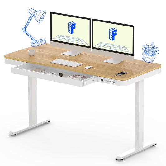 FLEXISPOT 55" Electric Standing Desk with Drawers, Quick Assembly Home Office Sit Stand Desk with Storage, USB Charging, Computer Desk for Home Office (Maple Top + White Adjustable Frame, Comhar)