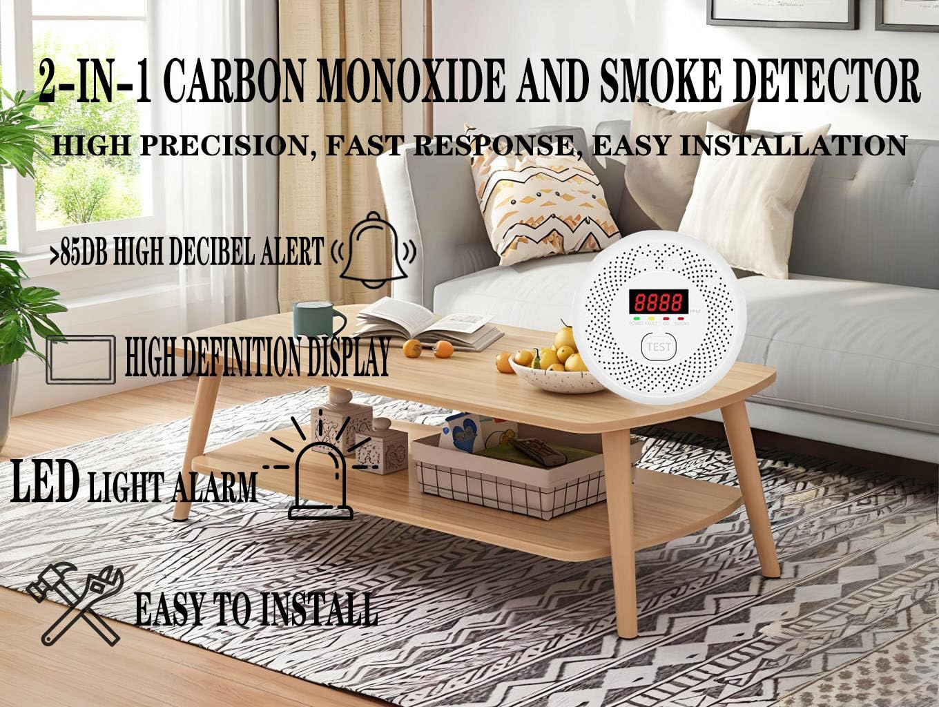 Vzmcov Carbon Monoxide and Smoke Detector LCD Display, Battery Powered, Dual sensors, 85dB Voice Alarm and Real-time Tracking, Suitable for Home/Kitchen/Bedroom/RV (Small Screen, 2Pack-CO&Smoke)