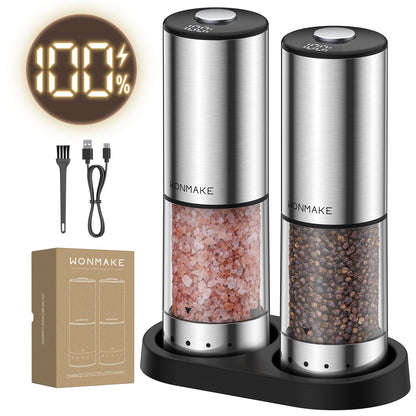 Electric Salt and Pepper Grinder Set, Type-C Rechargeable with LED Battery Level Display, Stainless Steel Salt and Pepper Shakers with Storage Base, Top Button Design, 5 Adjustable Coarseness Levels