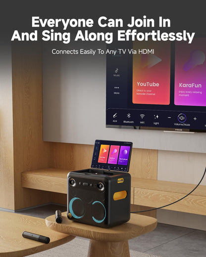 Ikarao Smart Karaoke Machine for Adults - with Lyrics Display, 64GB Karaoke Tablet, 2 Wireless Mics, Professional Karaoke System, 600W Peak Power, 4 DJ Lights, Karaoke Speaker for Any Occasion