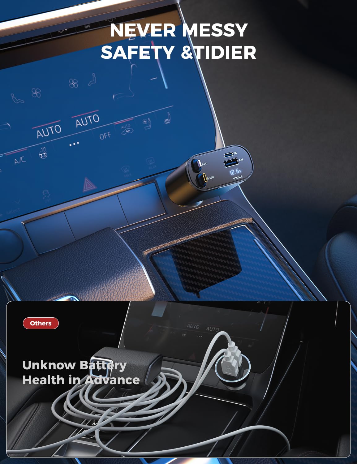 [Upgraded] SUPERONE Retractable Car Charger 4 in 1, Fast Car Phone Charger with Cord 2.6ft, USB C and Apple Car Adapter, Compatible with iPhone 17 16 15/15 Pro Max/14/13/12/11, Galaxy, Pixel