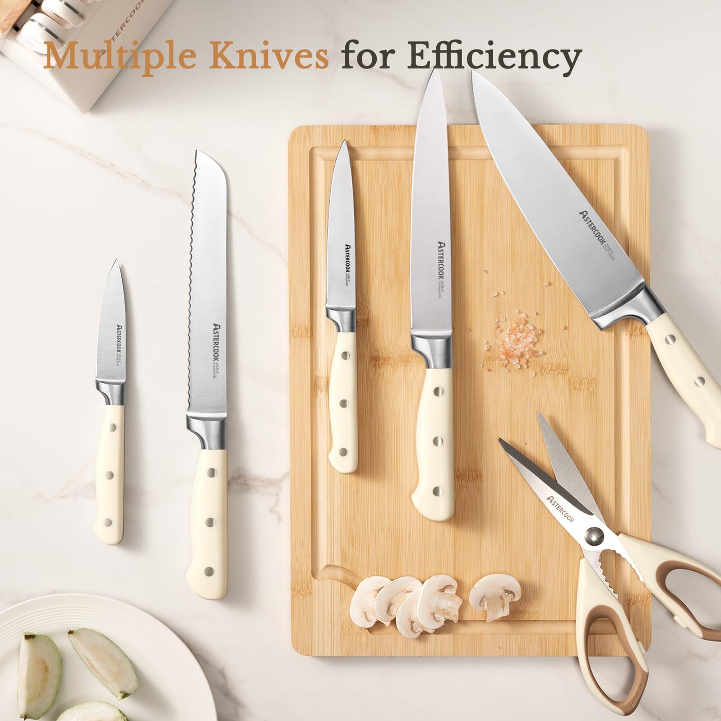 Knife Set,Astercook Kitchen Knife Set with Block 14-Piece Full Tang Stainless Steel Knives with Sharpener Dishwasher Safe and Anti-Slip Ergonomic Handle Elegant Cream White Utensils Set