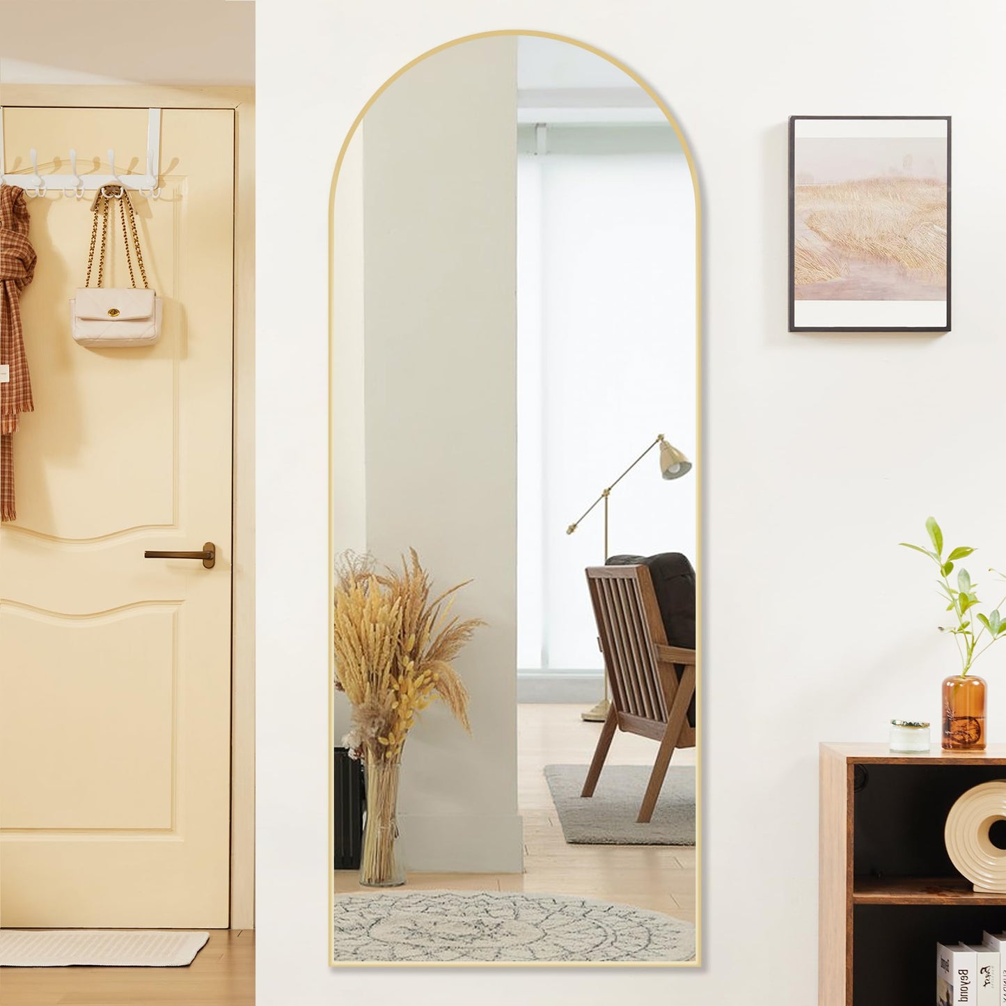 Sweetcrispy 64"x21" Arched Full Length Mirror, Standing or Leaning Full Body Mirror with Aluminum Alloy Thin Frame, Suitable for Bedroom or Cloakroom,Gold