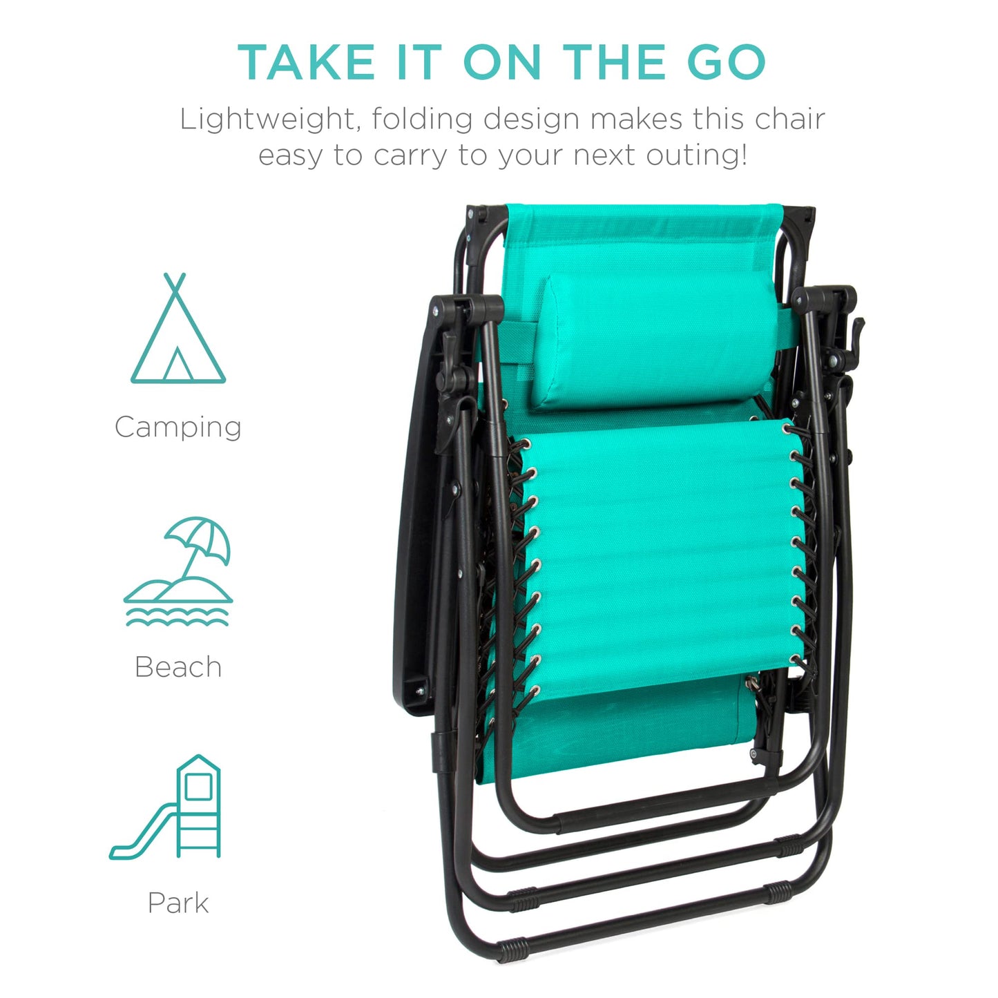 Best Choice Products Folding Zero Gravity Outdoor Recliner Patio Lounge Chair w/Adjustable Canopy Shade, Headrest, Side Accessory Tray, Textilene Mesh - Mint