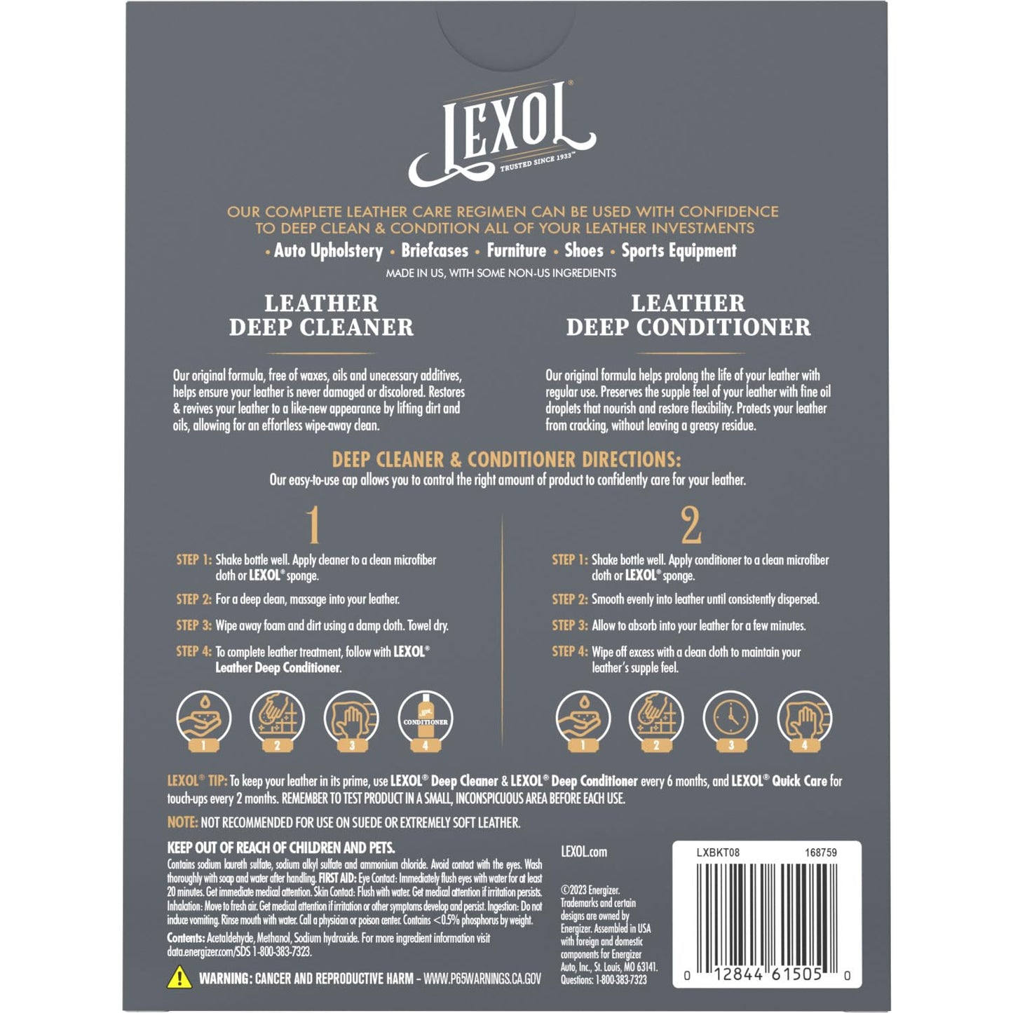 Lexol All Leather Cleaner and Conditioner Kit for Car Seats and Interiors, Couches and Furniture, Shoes and Boots, Baseball Gloves and Horse Saddles, Two 8 oz Bottles and Two Sponges