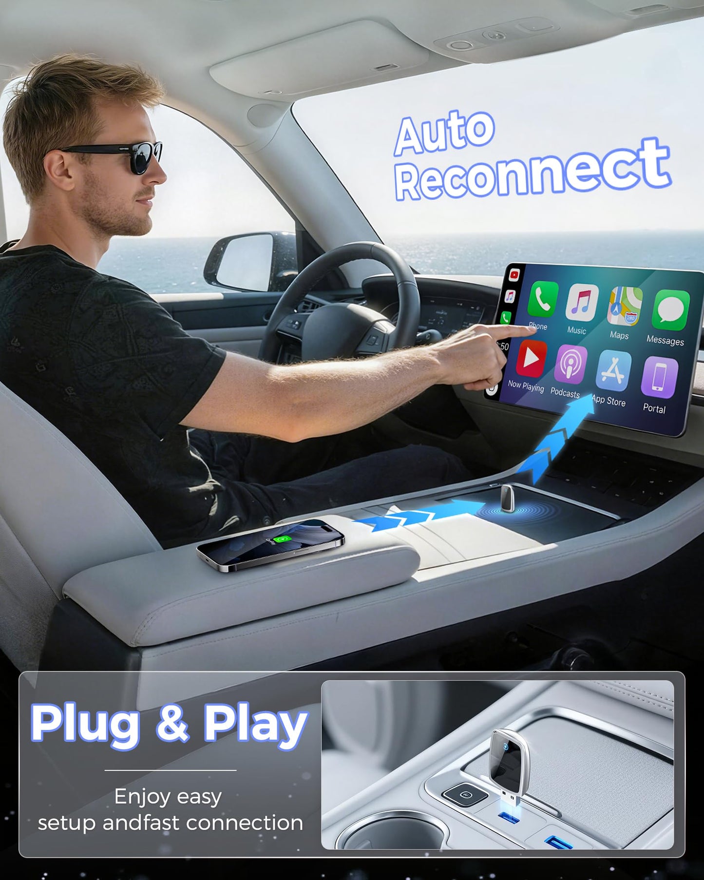 Wireless CarPlay Adapter for Apple iPhone, Converts Wired Connections to Wireless CarPlay, Zero delay, Plug-and-Play, Compatible with Apple iPhone iOS 10+ Systems and Various Vehicles（Silver）