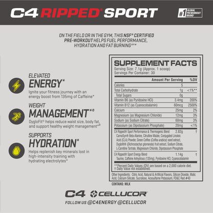 C4 Ripped Sport Pre Workout Powder Fruit Punch - NSF Certified for Sport + Sugar Free Preworkout Energy Supplement for Men & Women - 135mg Caffeine + Weight Loss - 30 Servings