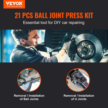 VEVOR Ball Joint Press Kit, 21 pcsTool Kit, C-Press Ball Joint Remove and Install Tools, for Most 2WD and 4WD Cars, Heavy Duty Ball Joint Repair Kit for Automotive Repairing