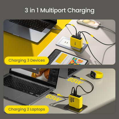 AOHI Youth 140W GaN+ USB C Charger 100W Laptop Fast Charger PD3.1 PPS 3-Port USB C Wall Charger Power Adapter for MacBook Pro 16'', Dell XPS, iPhone 16/15 Pro Max, iPad Pro, Tablet, Chromebook, Yellow