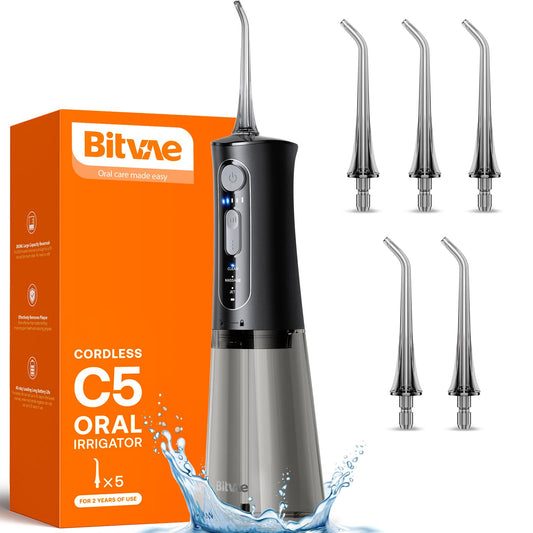 Bitvae C5 Water Dental Flosser for Teeth Picks, Cordless Water Flosser, 3 Modes 5 Intensities, IPX7 Waterproof Water Teeth Cleaner, 5 Tips Rechargeable Water Dental Picks for Cleaning - Black