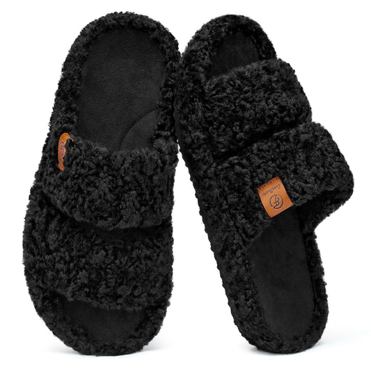 EverFoams Womens Fuzzy Open-toe Slippers Soft Comfy Memory Foam Indoor House Shoes Matt Black,9-10 US