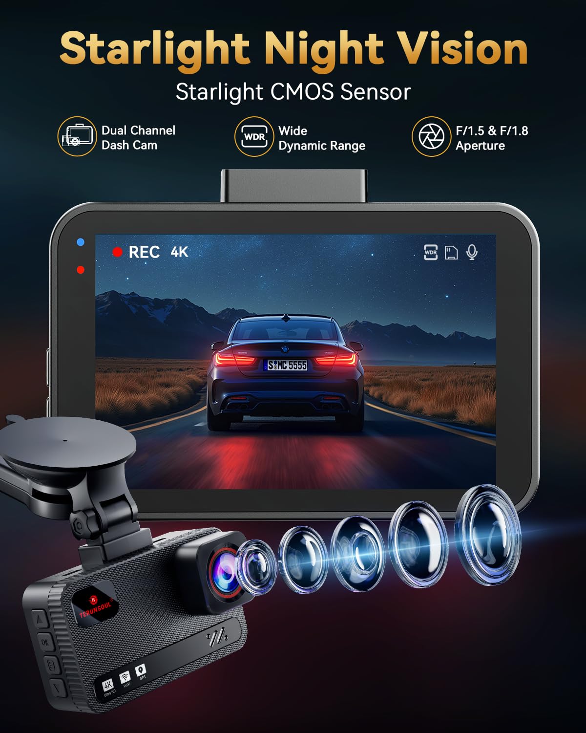 TERUNSOUl 4K+4K Dash Cam Front and Rear, Free 128GB Card Included, 5.8GHz WiFi Dash Camera for Cars, Built-in GPS, G-Sensor, 170°Wide Angle, 3" IPS Screen, 24H Parking Mode, Support 512GB Max