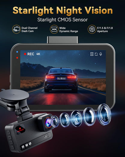 TERUNSOUl 4K+4K Dash Cam Front and Rear, Free 128GB Card Included, 5.8GHz WiFi Dash Camera for Cars, Built-in GPS, G-Sensor, 170°Wide Angle, 3" IPS Screen, 24H Parking Mode, Support 512GB Max