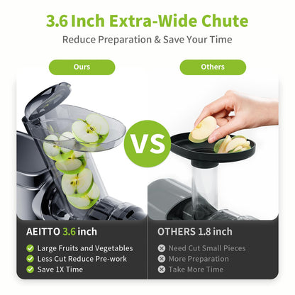 Aeitto Cold Press Juicer Machines, 3.6 Inch Wide Chute, Large Capacity, High Juice Yield, 2 Masticating Juicer Modes, Easy to Clean Slow Juicer for Vegetable and Fruit, Silver