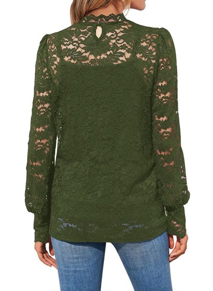 DOROSE Long Sleeve Shirts for Women Dressy Casual Lace Top Dark Green Christmas S