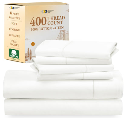 California Design Den 6-Pc King Size Sheet Set with 4 Pillowcases - Soft 400 Thread Count 100% Cotton Sheets, Cooling Sateen Weave, Luxury Deep Pocket Bedsheets Set - Ivory