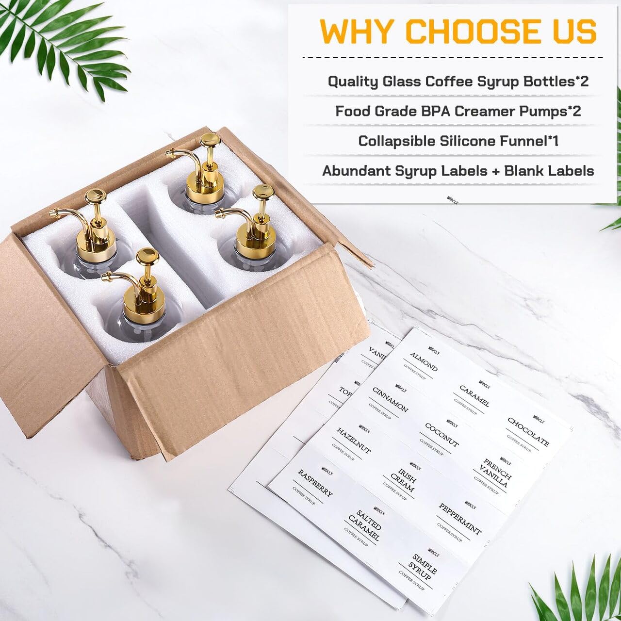 MHDCLY Coffee Bar Accessories, Coffee Syrup Dispenser - 4pack,16.9oz Syrup Dispenser with Labels,Syrup Pump Dispenser for Coffee Bar(Gold pump)