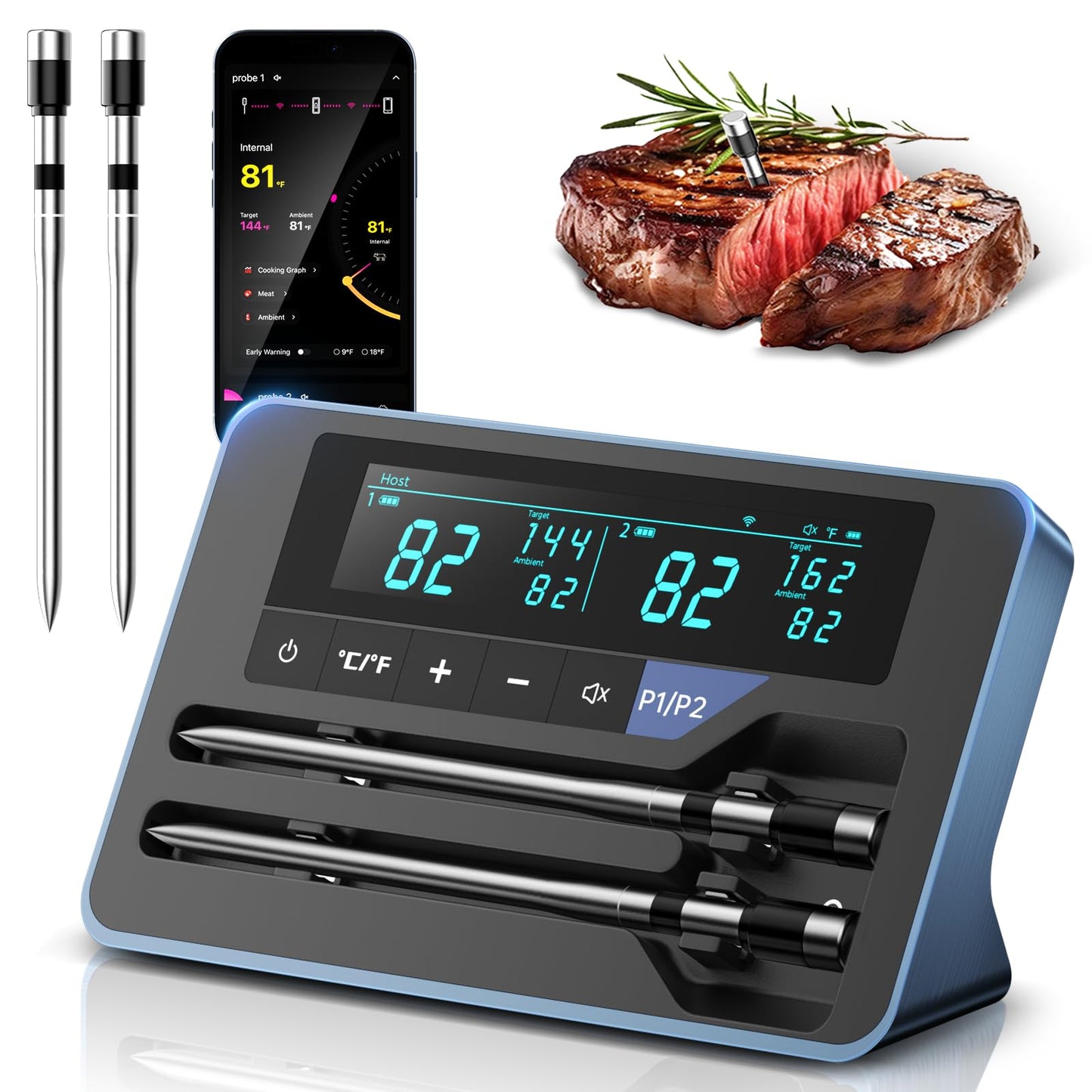 Alfolive 2025 AI Wireless Meat Thermometer, Smart Bluetooth Meat Thermometer Digital, ±0.5°F High Accuracy, Grill Temperature Probe for BBQ, Grilling, Smoker, Oven, Cooking, Air Fryer, 2 Probes