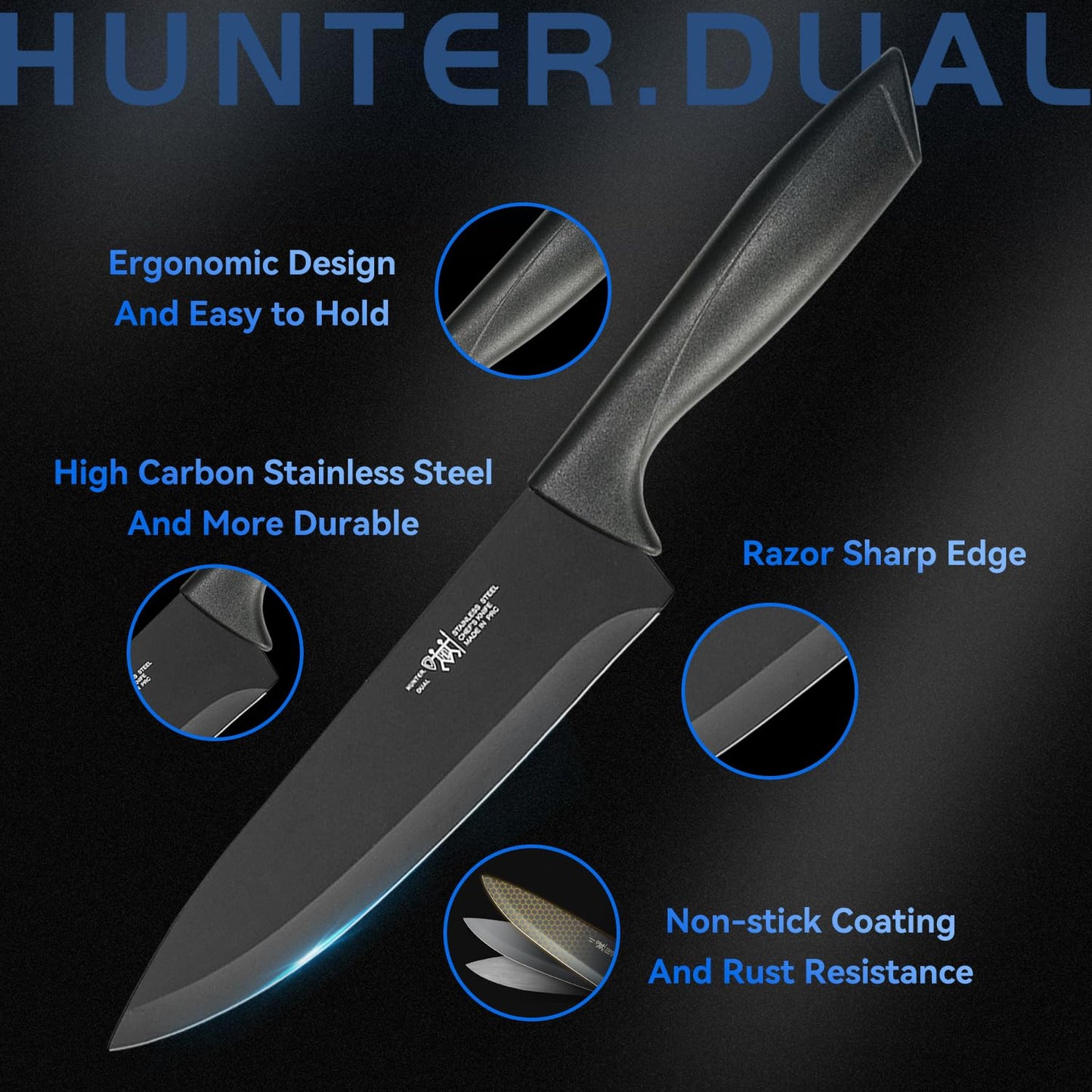 HUNTER.DUAL Knife Set, 8-Piece Kitchen Knife Set for Chef, Sharp Knife Set with Universal Knife Block, Anti-Rust Kitchen Knife Block Set, Ergonomical Design (Black)