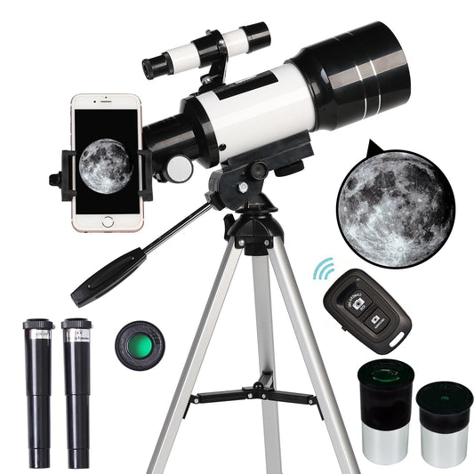 Telescope for Adults & Kids, 70mm Aperture Refractor (15X-150X) Portable Travel Telescope with Phone Adapter & Wireless Remote, Astronomy Beginners Gifts, Black