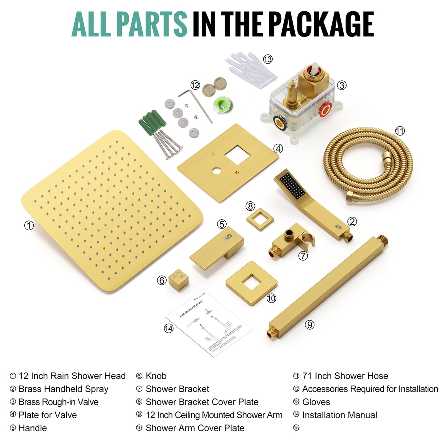 SR SUN RISE 12 Inch Ceiling Mounted Shower System Rain Mixer Shower Combo Set Rainfall Shower Head System Brushed Gold Shower Faucet Trim Repair Kits with Shower Rough-in Valve Body and Trim
