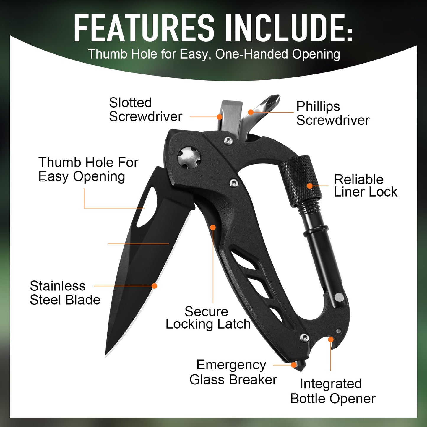 Stocking Stuffers for Men Adults, 6 in 1 Multitool Carabiner with Pocket Knife, Christmas Gifts for Mens Him, Cool Gadgets for Men, Folding Knives, Bottle Opener, Window Breaker And Screwdriver