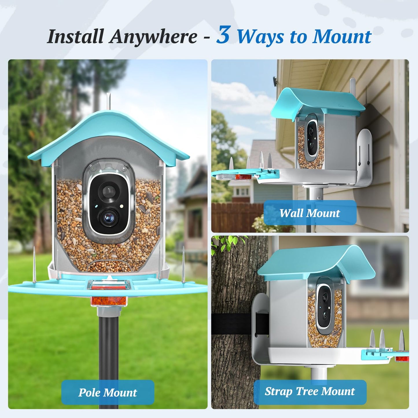 DOCOON Smart Bird Feeder with Camera, 2K HD AI Identify Birds Species, Bir d Watching Camera with Solar Panel, Auto Capture Bird Videos & Instant Notifications, Ideal Present for Bir d Lover, Blue