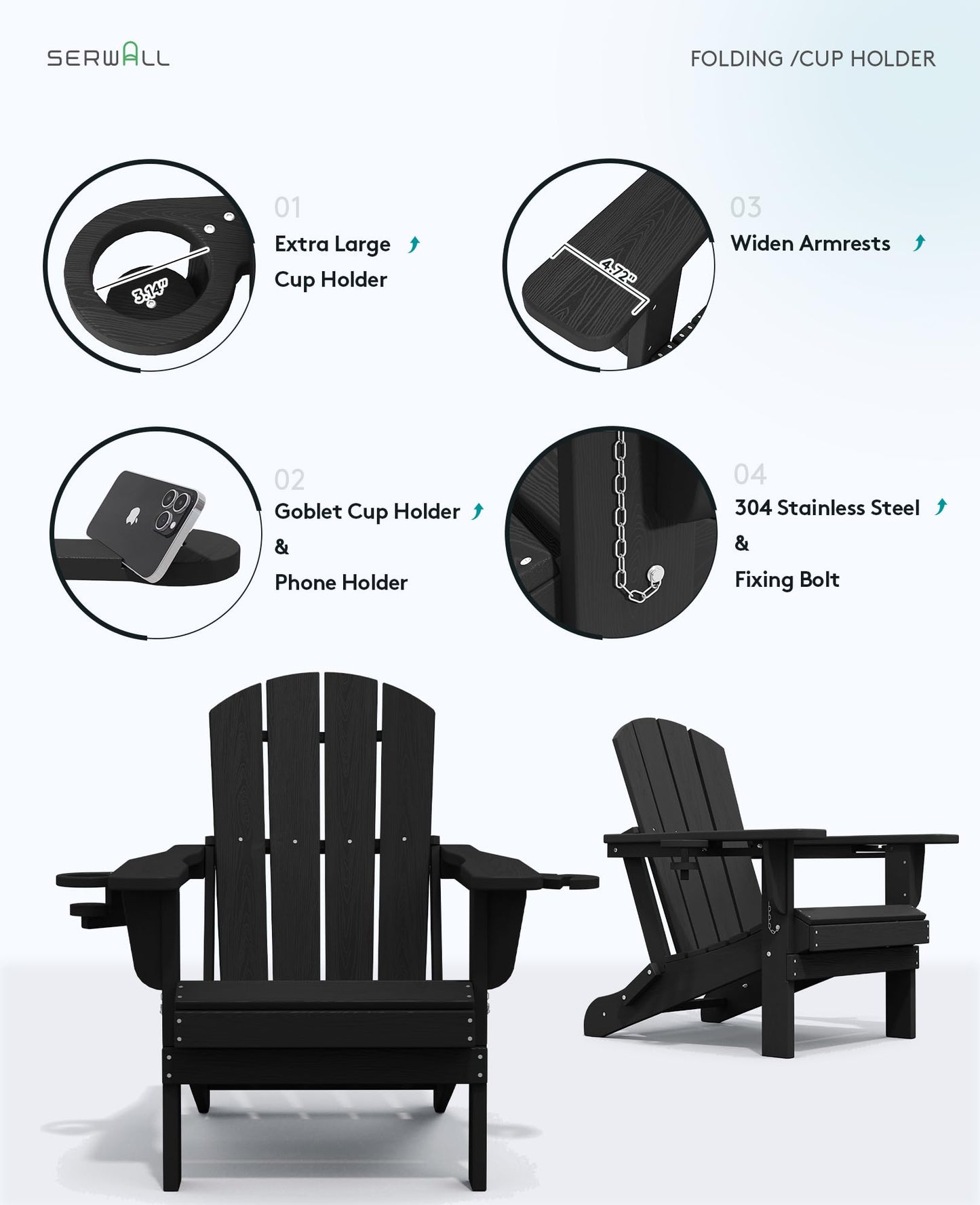 SERWALL HDPE Folding Adirondack Chair with Dual Cup Holder - Composite Adirondack Chair Set of 4- Black