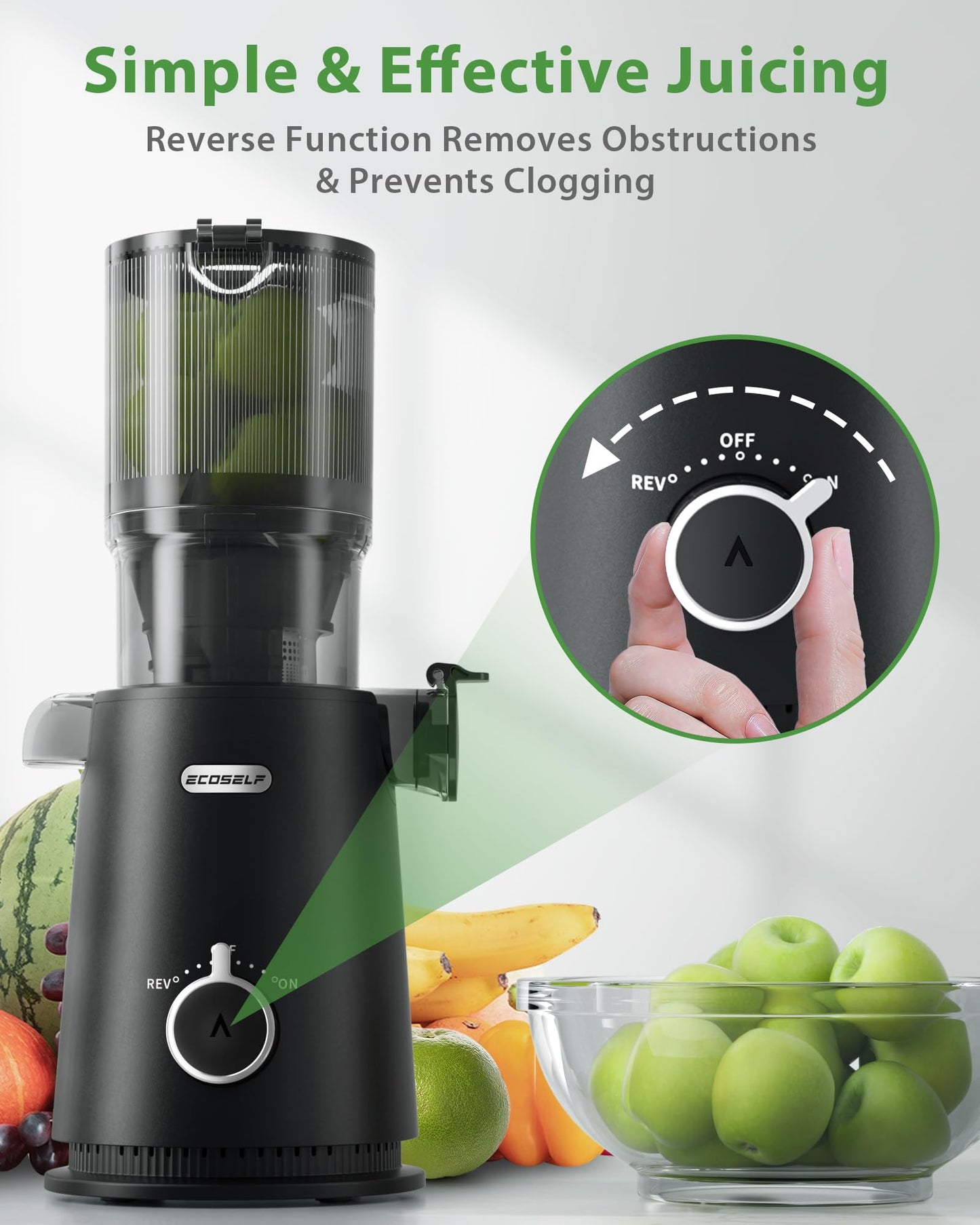 Juicer Machines, ECOSELF Cold Press Juicer with 4.35" Large Feed Chute Fit Whole Fruits & Vegetables, Juicer Machine Self Feeding Effortless for Batch Juicing, High Juice Yield, Easy to Clean