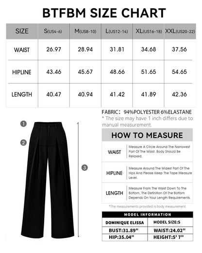 BTFBM Women High Waist Palazzo Pants Casual Wide Leg Trousers Button Down Loose Work Office Business Suit Pant Pockets(Solid Black, Small)