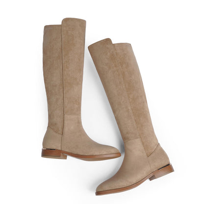 Modatope Rounded Toe Knee High Boots Tan Suede Flat Riding Fall Winter Boots Women 2025 Low Heel Elastic Boot Chunky Heel Dress Boot Size 9