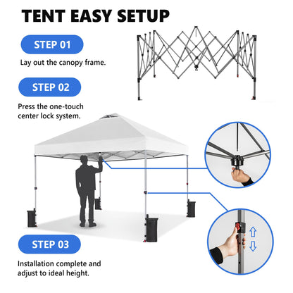 OLIXIS 10x10ft Pop Up Canopy Tent, Heavy Duty 1-Person One Push Setup, Portable Outdoor Shelter for Beach, Events, Camping Includes Rolling Carry Bag, White