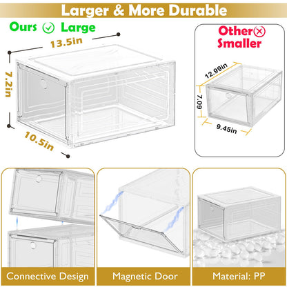 Thicken & Sturdy Clear Shoe Storage Organizer with Magnetic Door, Stackable Boxes for Closet, Foldable Space-Saving Shoe Rack for Sneaker Boot Container, Plastic Shoe Cabinet Shoe Box 6 Pack, White