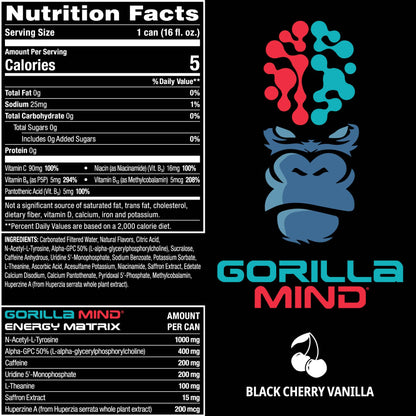 Gorilla Mind Energy Drink | Unmatched Energy · Amplified Focus | N-Acetyl-L-Tyrosine, Alpha-GPC, 200mg Caffeine, Uridine, Saffron | 0 Sugar Or Artificial Colors | 16oz, 12-Pack (Black Cherry Vanilla)