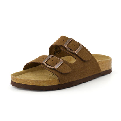 CUSHIONAIRE Lane Cork Footbed Sandals for Women – Comfortable Double Buckle Slip-On with Genuine Suede Footbed & Arch Support Slides for Women Footwear, BROWN 9W