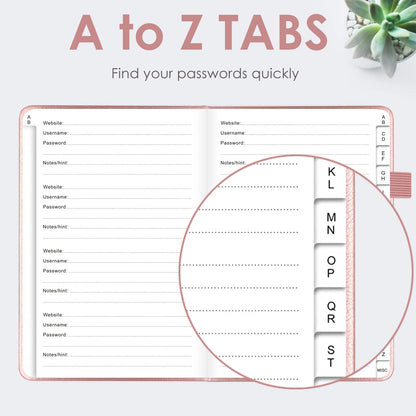 Elegant Password Book with Alphabetical Tabs - Hardcover Password Book for Internet Website Address Login - 5.2" x 7.6" Password Keeper and Organizer w/Notes Section & Back Pocket (Rose Gold)
