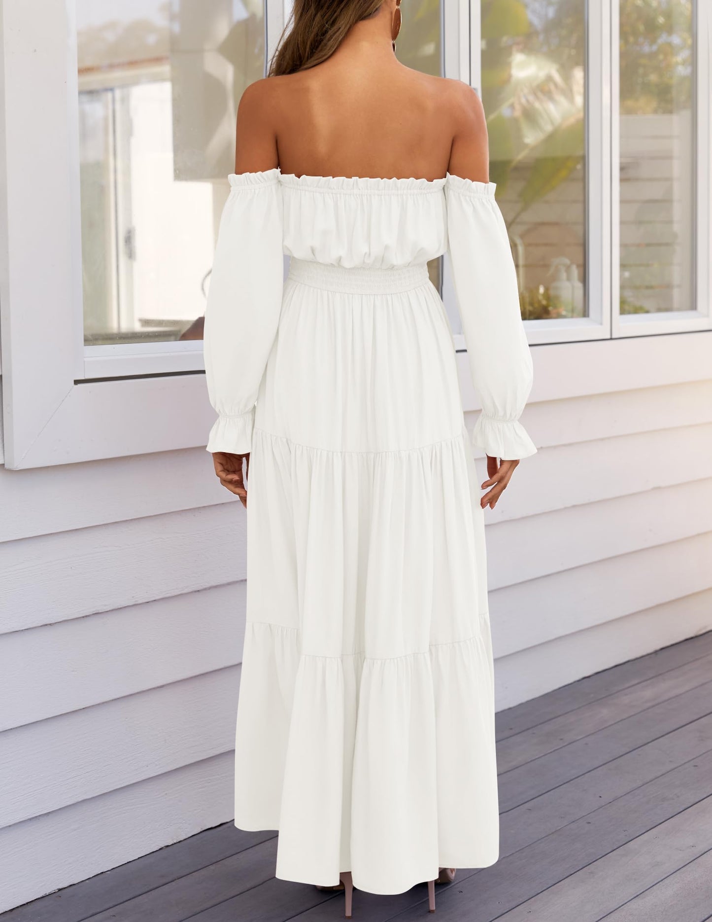 ZESICA Women's Boho Off Shoulder Spring Long Sleeve Dress 2026 High Waist Side Split Sexy Flowy A Line Long Maxi Dresses White Medium