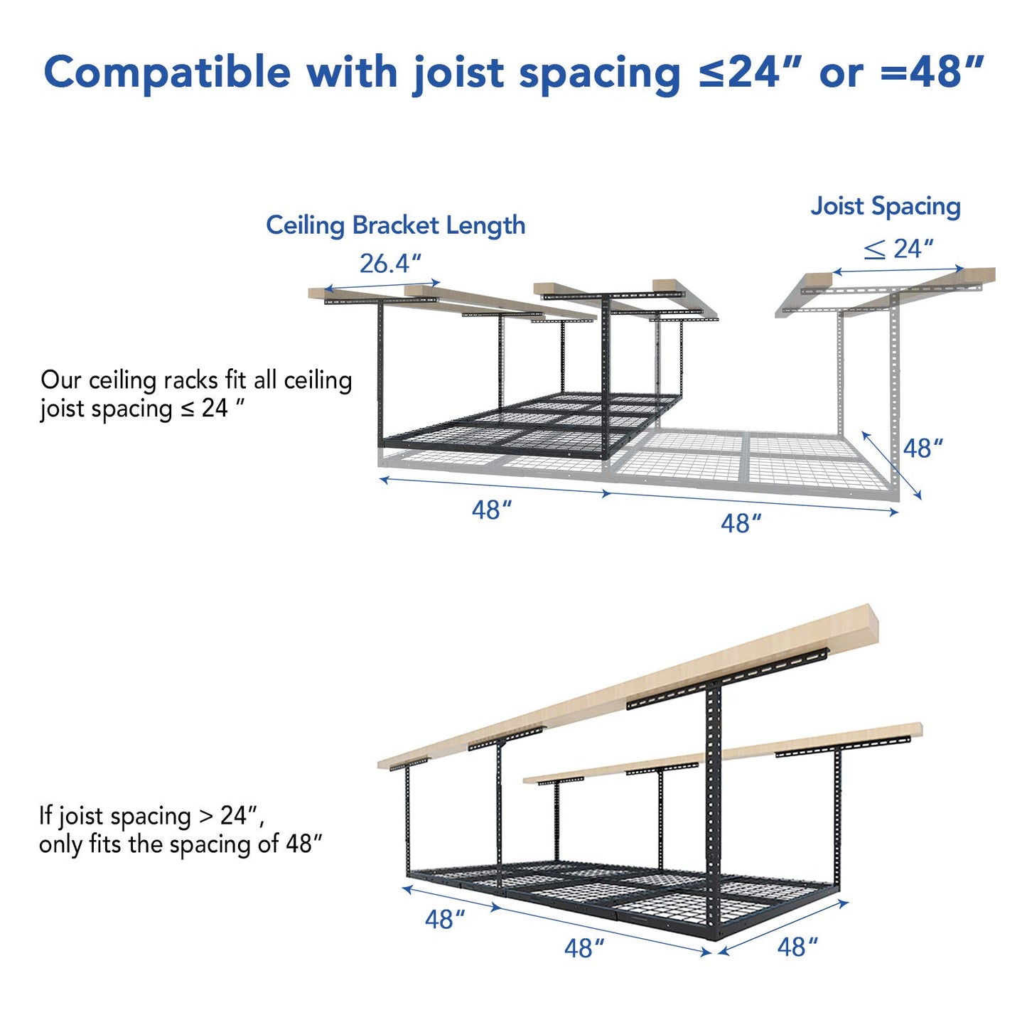 FLEXIMOUNTS 4x8 Overhead Garage Storage Rack, Adjustable Garage Storage Organization Systerm, Heavy Duty Metal Garage Ceiling Storage Racks, 600lbs Weight Capacity, Black