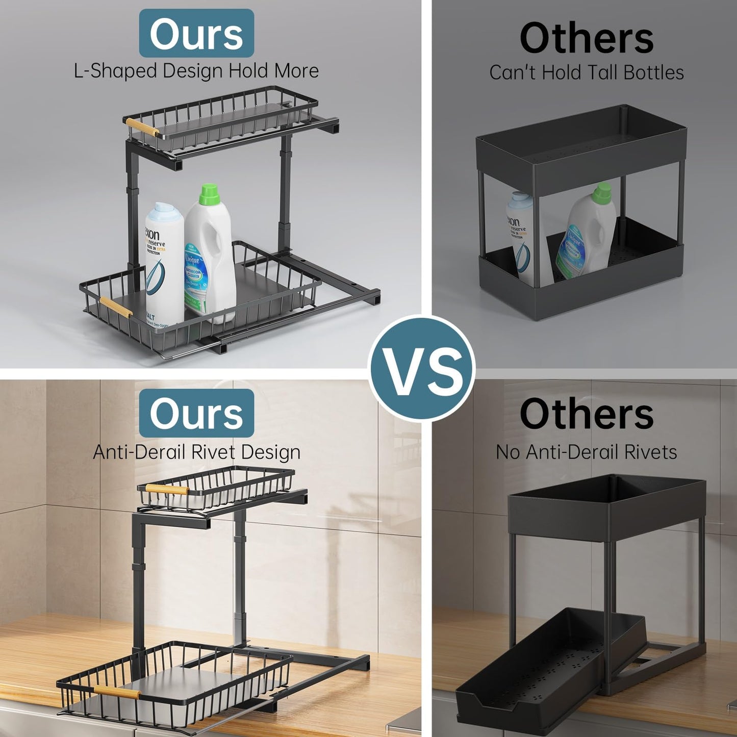 Delamu 2 Pack Under Sink Organizer and Storage, 2 Tier Pull Out Cabinet Organizer, Slide Out Under Sink Storage Shelf, Undersink Organizers Shelves for Kitchen Bathroom Pantry Organization