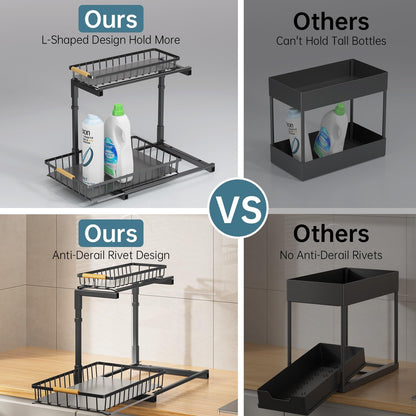 Delamu 2 Pack Under Sink Organizer and Storage, 2 Tier Pull Out Cabinet Organizer, Slide Out Under Sink Storage Shelf, Undersink Organizers Shelves for Kitchen Bathroom Pantry Organization