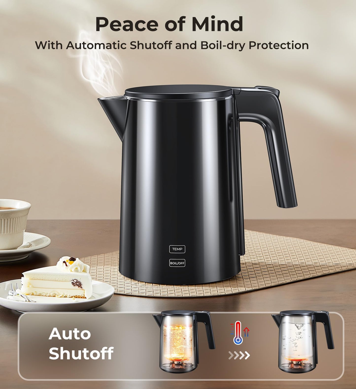 Electric Kettle, 1.0L 1200W Fast Heat with Auto Shut-Off, Boil-Dry Proof, 7 Temperature Control Teapot, Double Wall Stainless Steel Water Boiler Heater, 4H Keep Warm, Cool Touch Coffee Tea Pot, Black