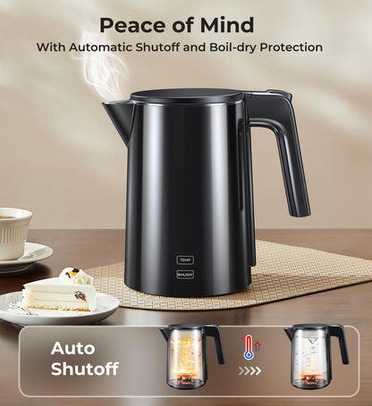 Electric Kettle, 1.0L 1200W Fast Heat with Auto Shut-Off, Boil-Dry Proof, 7 Temperature Control Teapot, Double Wall Stainless Steel Water Boiler Heater, 4H Keep Warm, Cool Touch Coffee Tea Pot, Black