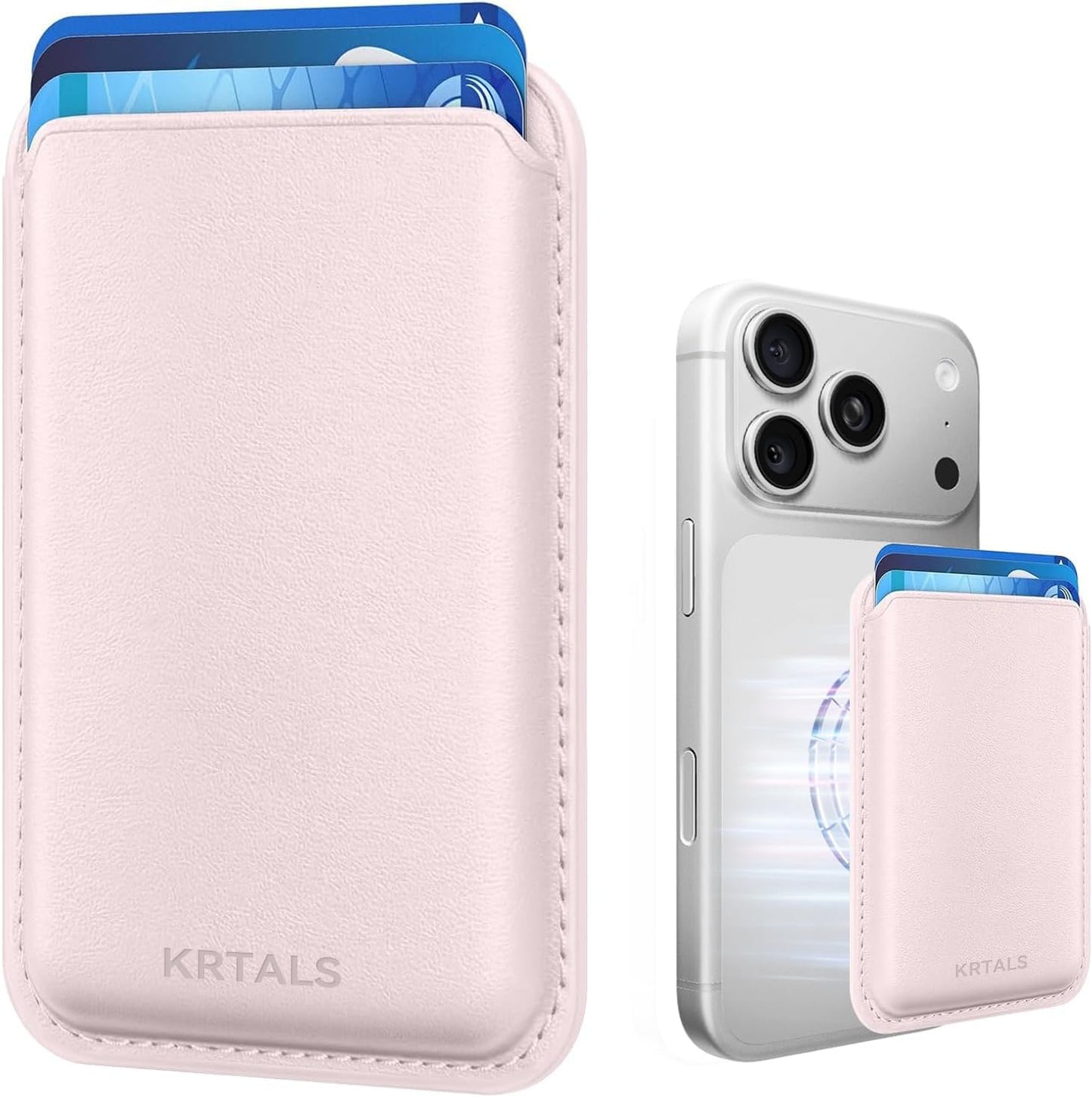 KRTALS Magnetic Wallet Cell Phone Card Holder for Phone Case, Stronger Magnetic RFID Leather Phone Wallet Stick on Series of iPhone 17/16/15/14/13/12 and Pro/Promax, Light Pink