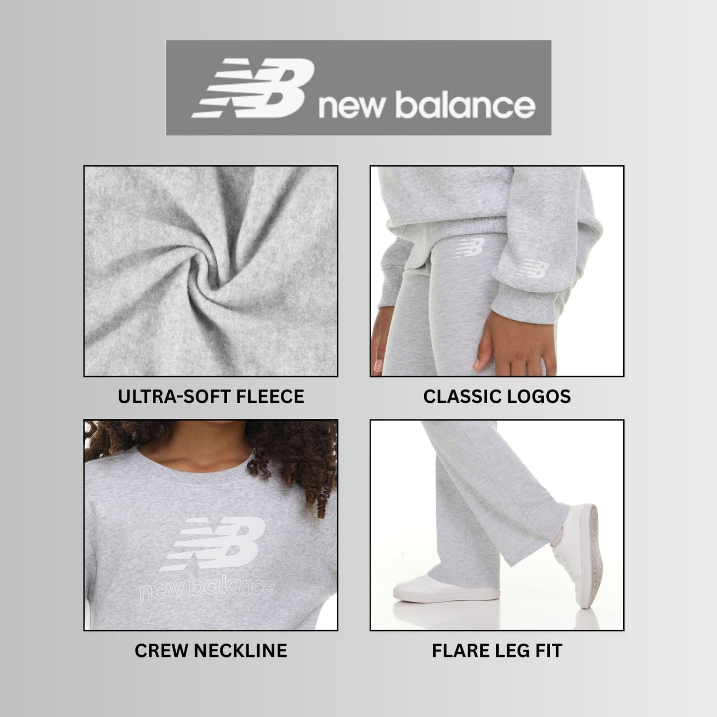 New Balance Girls 2 Piece Set – Crewneck Sweatshirt & Flared Leggings Set, Soft Cotton Blended Fleece Premium Activewear Grey Heather